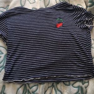 Super cute white and blue striped cherry shirt.